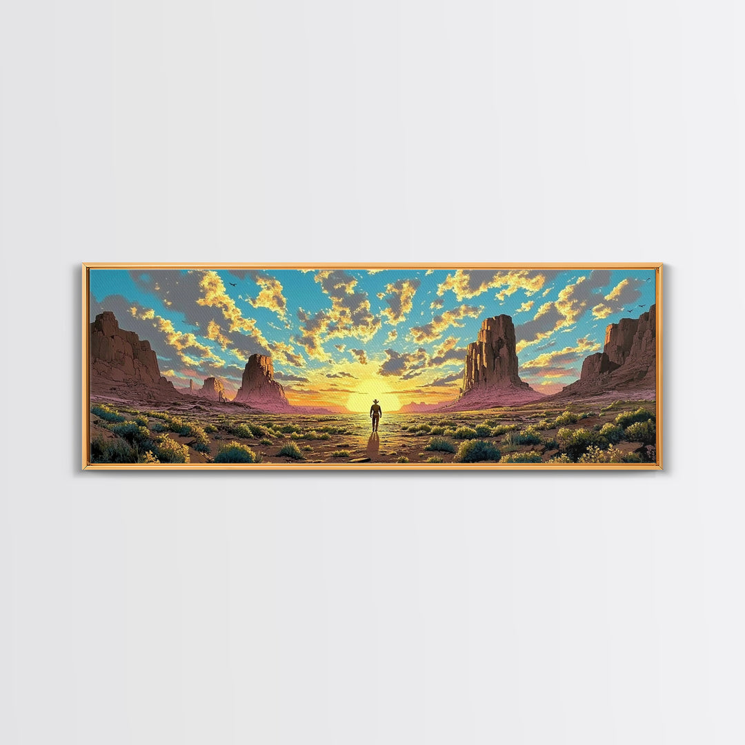 Monument Valley Cowboy At Sunrise Canvas Print, Panoramic Southwestern Desert Landscape Wall Art For Rustic Home Decor And Office Decor