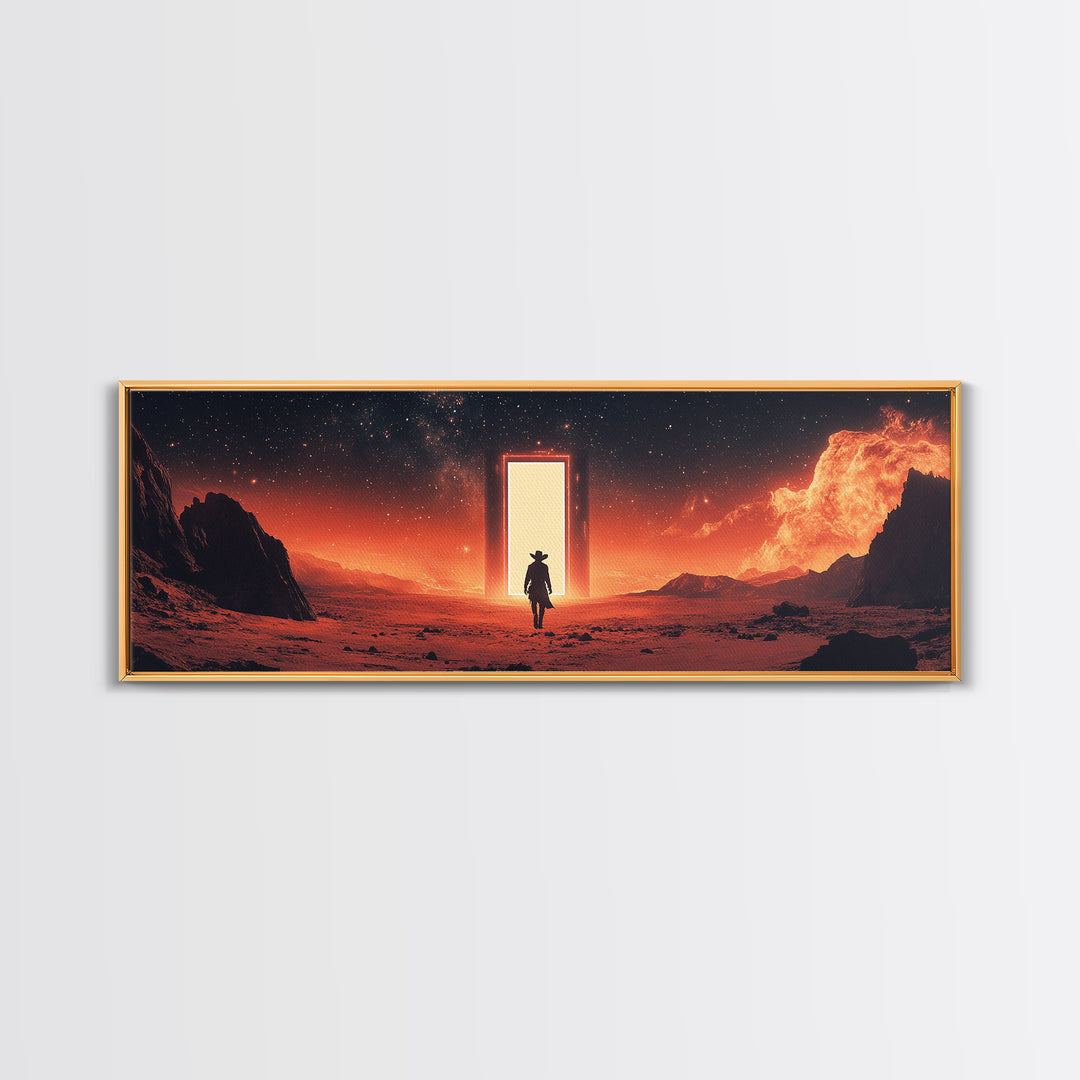 Glowing Portal In Red Desert, Lone Traveler Under Starry Sky, Sci Fi Western Canvas Print, Space Wall Art, Futuristic Decor