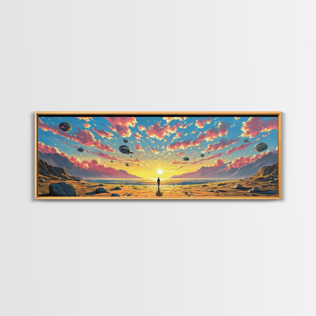 Pastel Alien Ships Over Sunset Shore, Lone Figure At Ocean Horizon, Sci Fi Wall Art, Coastal Canvas Print, Futuristic Decor