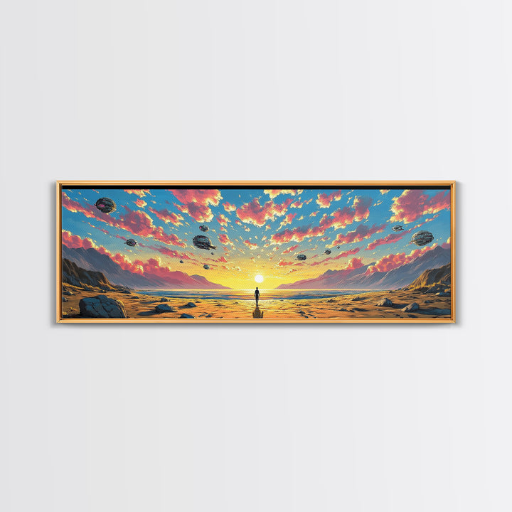 Pastel Alien Ships Over Sunset Shore, Lone Figure At Ocean Horizon, Sci Fi Wall Art, Coastal Canvas Print, Futuristic Decor