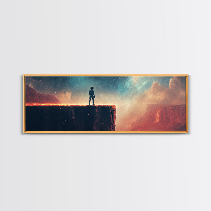 Cowboy On Glowing Canyon Cliff, Starry Teal Sky And Red Desert, Western Wall Art, Panoramic Canvas Print, Man Cave Decor