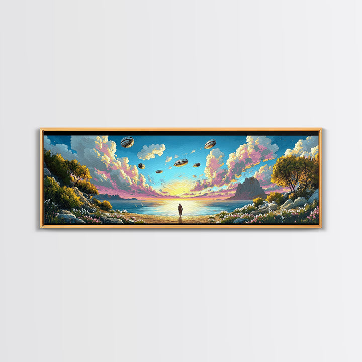Alien Airships Above Flowered Coast, Lone Figure By Blue Sea, Whimsical Sci Fi Wall Art, Coastal Framed Canvas Print, Home Decor