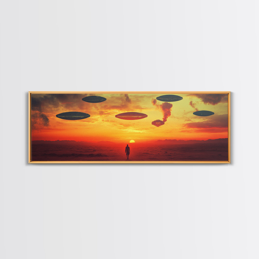 UFO Fleet Over Red Desert Sunset, Lone Traveler In Dystopian Landscape, Sci Fi Wall Art, Futuristic Canvas Print, Space Decor