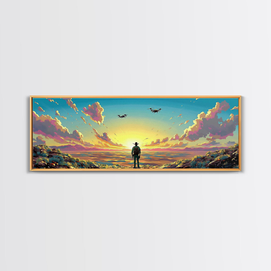 Cowboy Facing Drone Ships At Golden Sunrise, Pink Cloud Meadow Landscape Wall Art, Western Canvas Print, Futuristic Decor