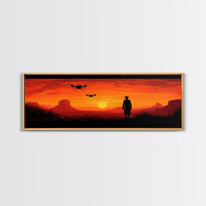 Silhouetted Cowboy With Drones At Orange Desert Sunset, Western Wall Art, Sci Fi Canvas Print, Man Cave Decor, Southwest Art