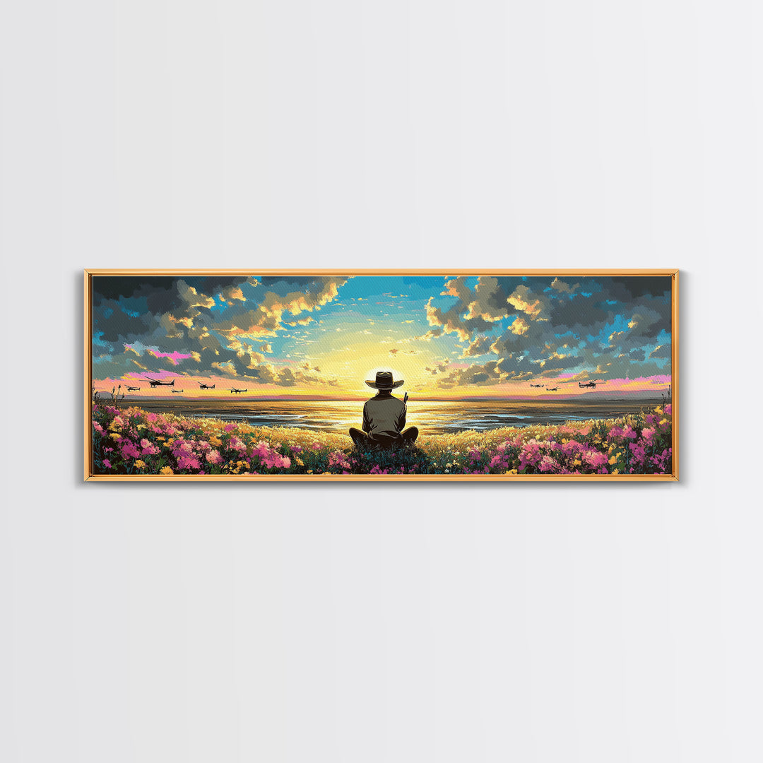 Seated Traveler In Flowered Meadow, Golden Sky Over Wide Valley, Peaceful Wall Art, Landscape Canvas Print, Cozy Home Decor