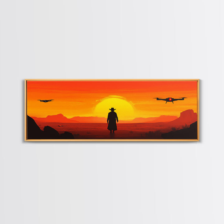 Lone Cowboy And Hovering Drones At Blazing Sun, Red Desert Western Wall Art, Sci Fi Canvas Print, Futuristic Home Decor, Desert Art