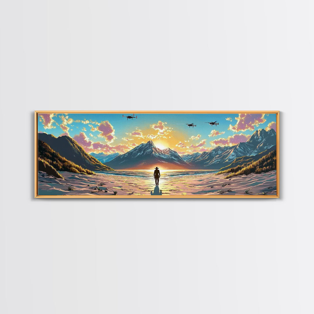 Snowy Alpine Sunset Explorer Wall Art, Panoramic Canvas Print, Mountain Landscape, Sci Fi Decor, Large Living Room Decor