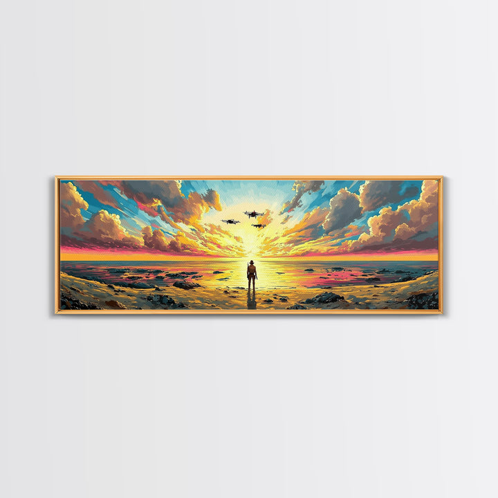Radiant Ocean Sunset Explorer Wall Art, Panoramic Canvas Print, Coastal Seascape Art, Beach House Decor, Large Wall Decor