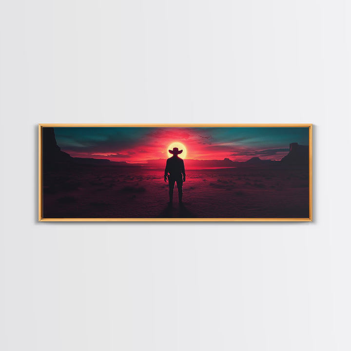 Crimson Desert Cowboy Silhouette Wall Art, Framed Canvas Print, Western Decor, Moody Landscape, Large Man Cave Wall Decor