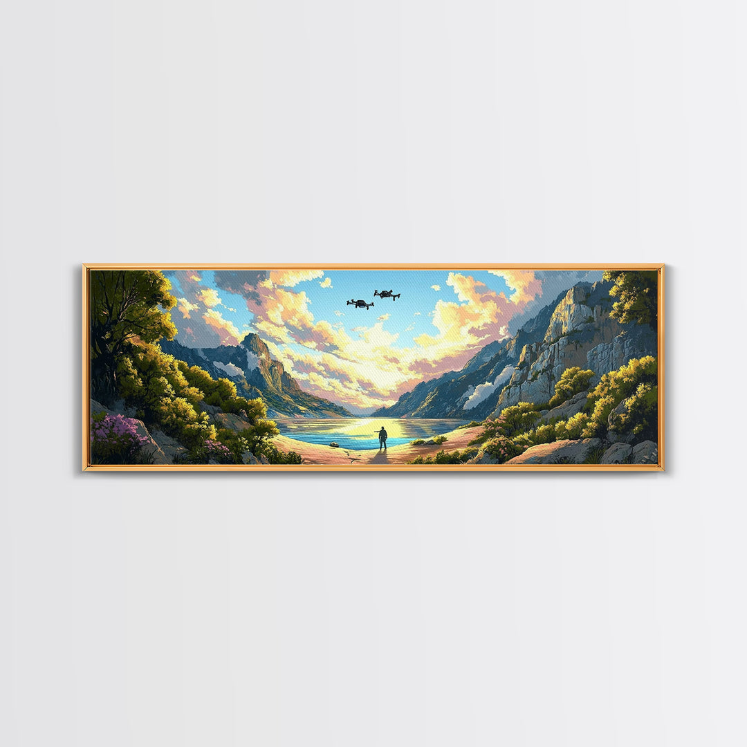 Verdant Mountain Lake Explorer Wall Art, Panoramic Canvas Print, Nature Landscape Art, Japandi Decor, Large Home Wall Decor