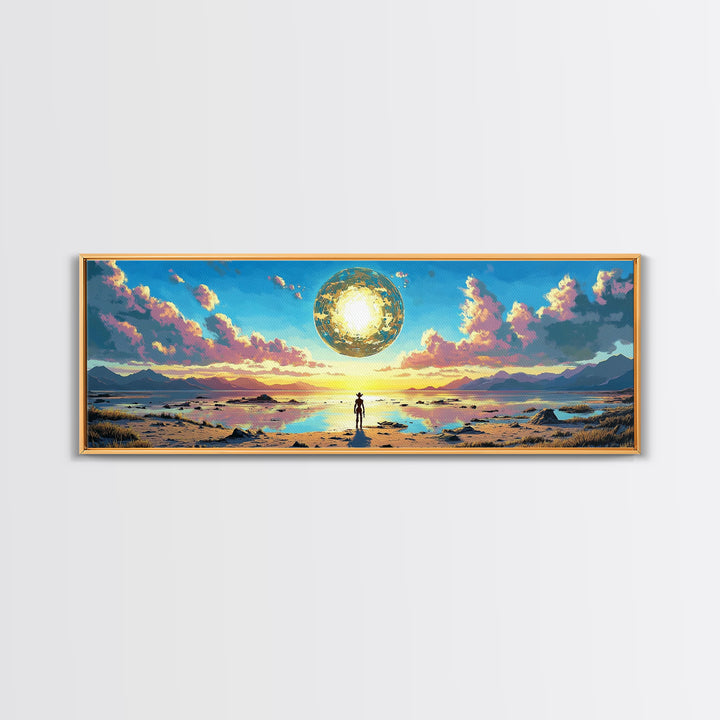 Golden Celestial Orb Wall Art, Panoramic Canvas Print, Modern Sci Fi Landscape, Surreal Art, Large Living Room Wall Decor