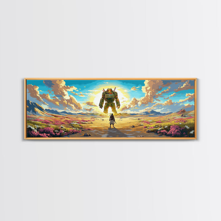 Colossal Mech And Wanderer Wall Art, Panoramic Canvas Print, Futuristic Landscape, Sci Fi Decor, Large Gaming Room Decor