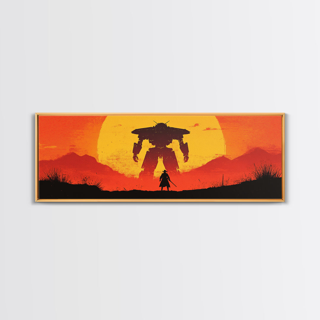 Samurai Facing Giant Mech At Orange Sunset Wall Art, Retro Sci Fi Fantasy Poster, Gaming Room Decor, Futuristic Canvas Print