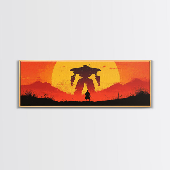 Samurai Facing Giant Mech At Orange Sunset Wall Art, Retro Sci Fi Fantasy Poster, Gaming Room Decor, Futuristic Canvas Print