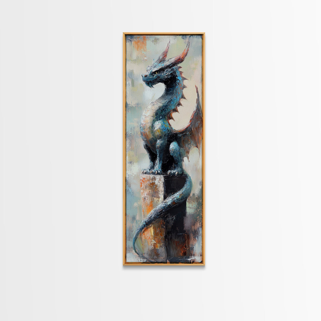 Blue Dragon Statue Canvas Print, Fantasy Wall Art, Gothic Fairy Tale Decor, Mythical Creature Art, Unique Gift For Gamer