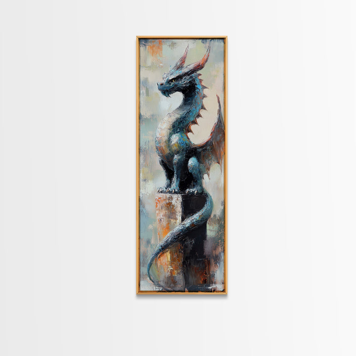 Blue Dragon Statue Canvas Print, Fantasy Wall Art, Gothic Fairy Tale Decor, Mythical Creature Art, Unique Gift For Gamer
