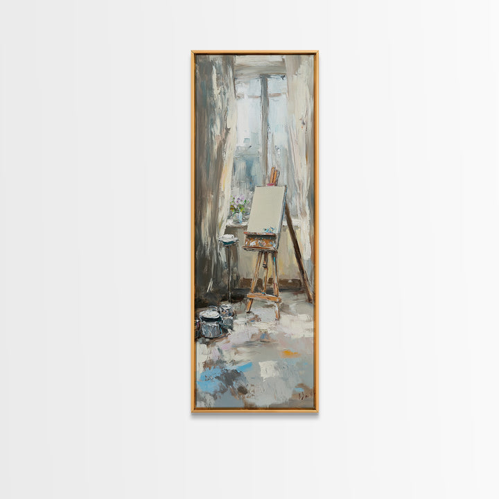 Sunlit Artist Studio Easel Wall Art, Impressionist Oil Painting, Creative Office Decor, Neutral Home Decor, Gift For Artist