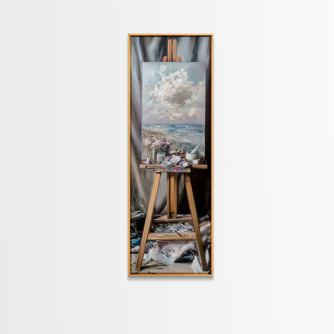 Seascape Painting On Studio Easel Framed Canvas Print, Coastal Wall Art, Artist Gift, Ocean Decor, Art Studio Home Decor