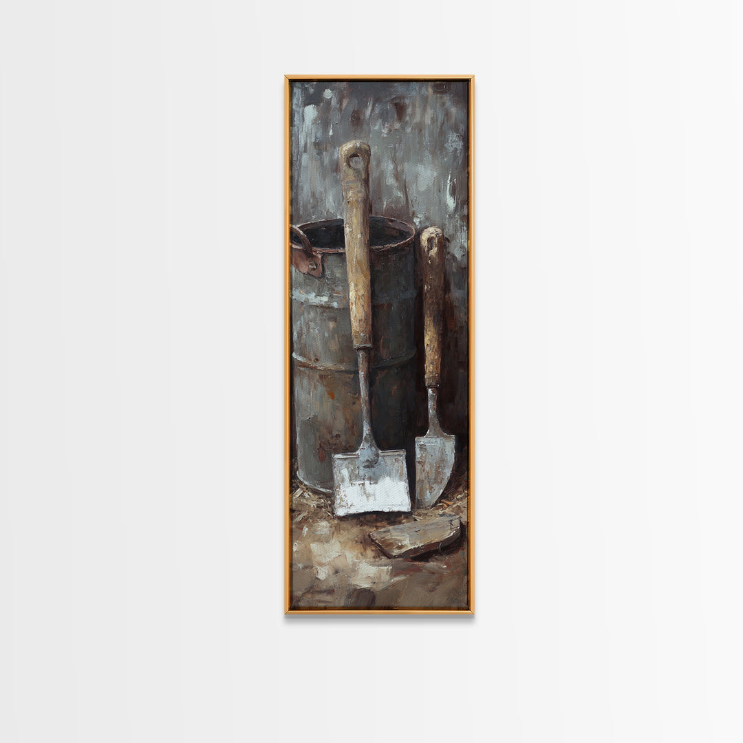 Rustic Shovels In Metal Bucket Canvas Print, Farmhouse Wall Decor, Garden Tool Still Life, Industrial Office Decor Gift For Him