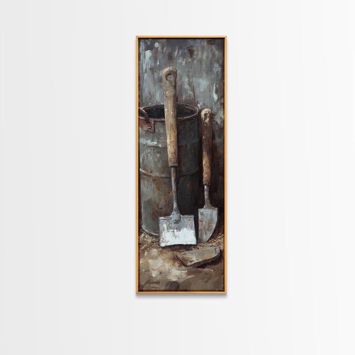 Rustic Shovels In Metal Bucket Canvas Print, Farmhouse Wall Decor, Garden Tool Still Life, Industrial Office Decor Gift For Him