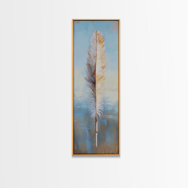 Single White Feather On Blue Horizon Wall Art, Minimalist Coastal Decor, Boho Nature Art Print, Calming Bedroom Decor Gift