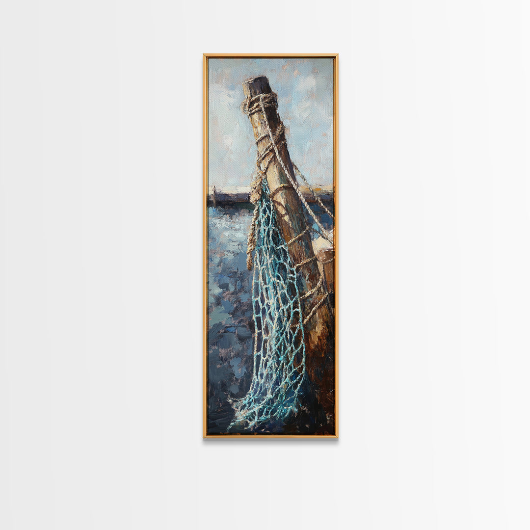 Weathered Dock Piling And Fishing Net Wall Art, Nautical Coastal Decor, Ocean Painting, Beach House Decor, Gift For Him, Lake House Art