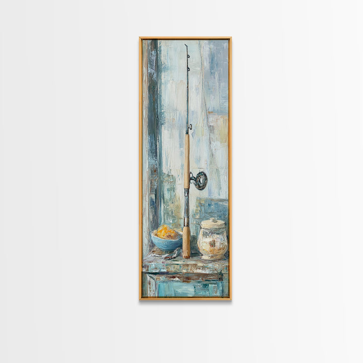 Fishing Rod Still Life Canvas Print, Rustic Lake House Wall Art, Cabin Decor, Angler Gift, Coastal Fishing Poster For Him