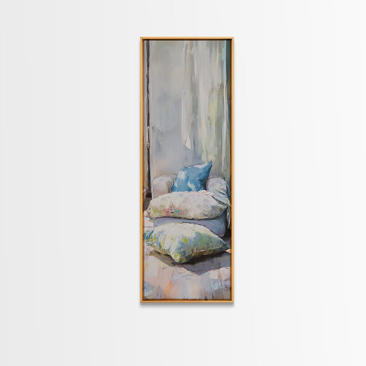 Cozy Window Pillows Framed Canvas Print, Soft Neutral Wall Art, Bedroom Decor, Above Bed Art, Guest Room Decor Gift For Her