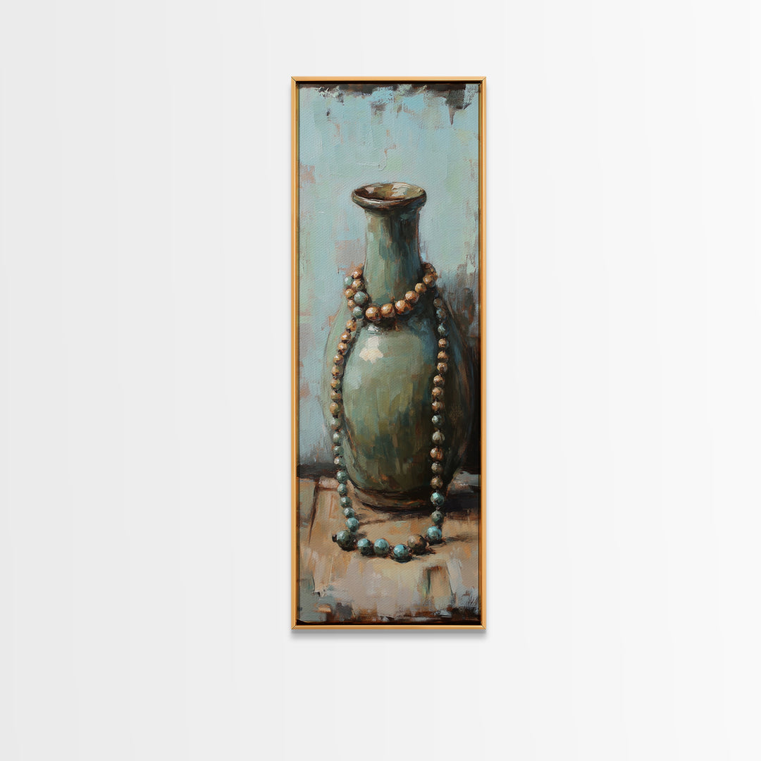 Turquoise Ceramic Vase With Beaded Necklace Canvas Print, Boho Wall Art, Still Life Painting, Eclectic Home Decor Gift For Her