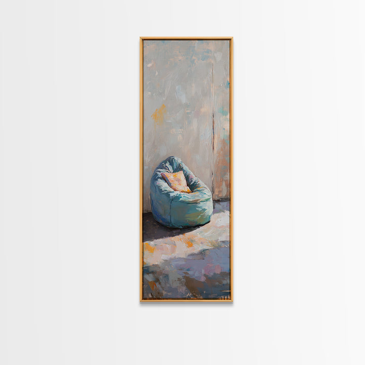 Blue Bean Bag Chair With Pillow Canvas Print, Modern Wall Art, Minimalist Room Decor, Apartment Decor, Cozy Bedroom Wall Art