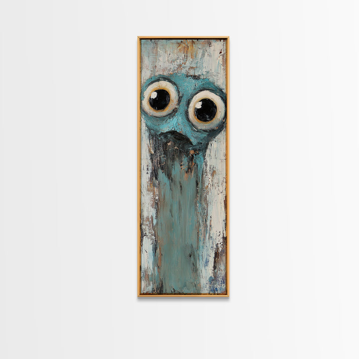 Wide Eyed Blue Owl Portrait Canvas Print, Whimsical Animal Wall Art, Quirky Nursery Decor, Funny Bird Gift For Kids Room Decor