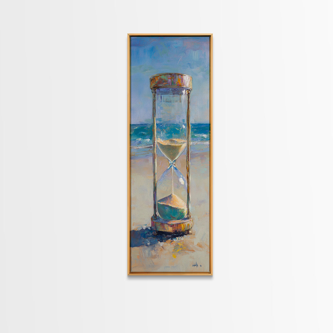 Beach Hourglass On Sandy Shore Canvas Print, Coastal Oil Painting, Nautical Ocean Wall Decor For Beach House Living Room