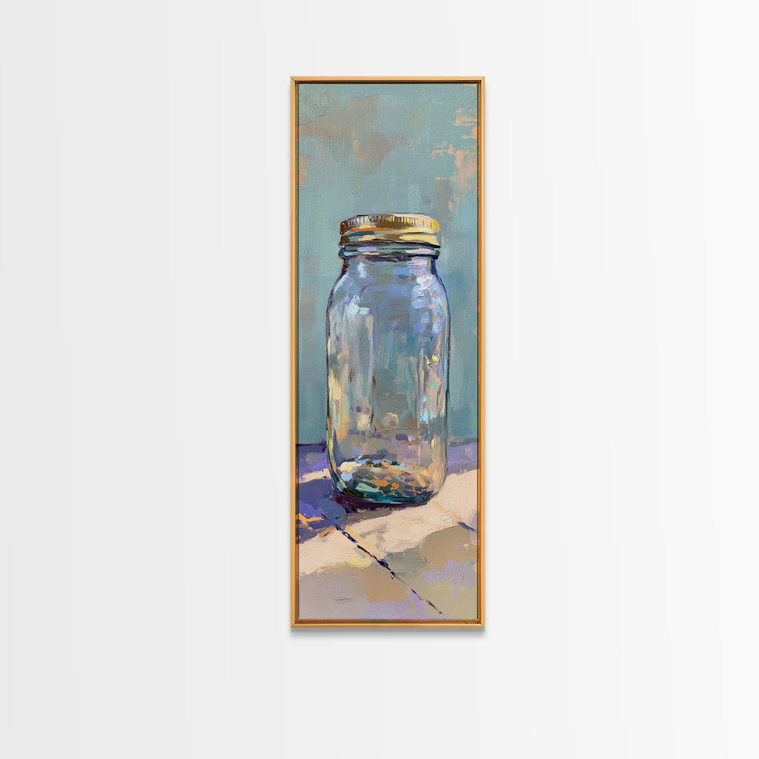 Clear Mason Jar On Blue Table Wall Art, Modern Rustic Still Life Oil Painting Print, Minimal Farmhouse Kitchen Home Decor Gift