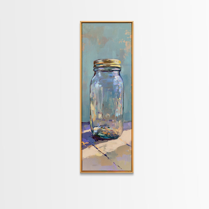 Clear Mason Jar On Blue Table Wall Art, Modern Rustic Still Life Oil Painting Print, Minimal Farmhouse Kitchen Home Decor Gift