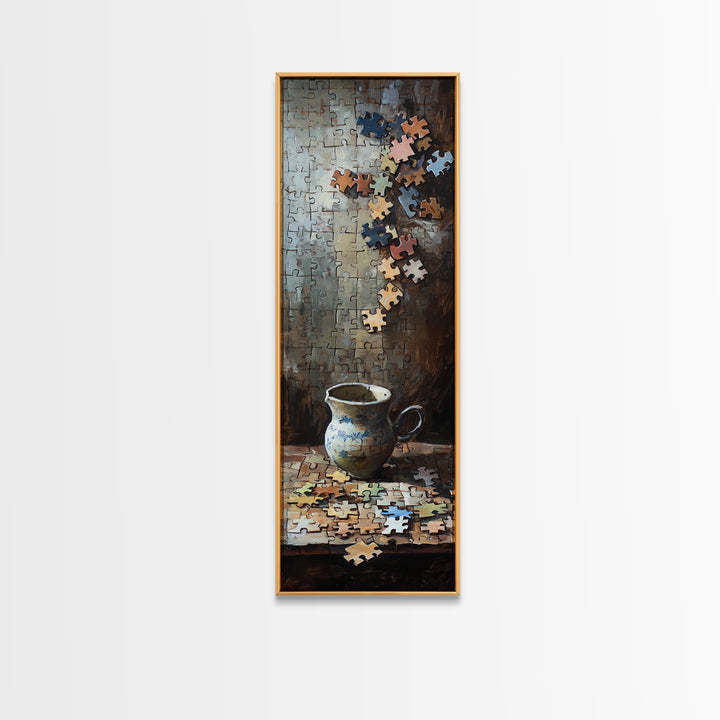 Floating Puzzle Pieces And Teacup Wall Art, Whimsical Still Life Oil Painting Print, Eclectic Game Room Home Decor Gift Idea