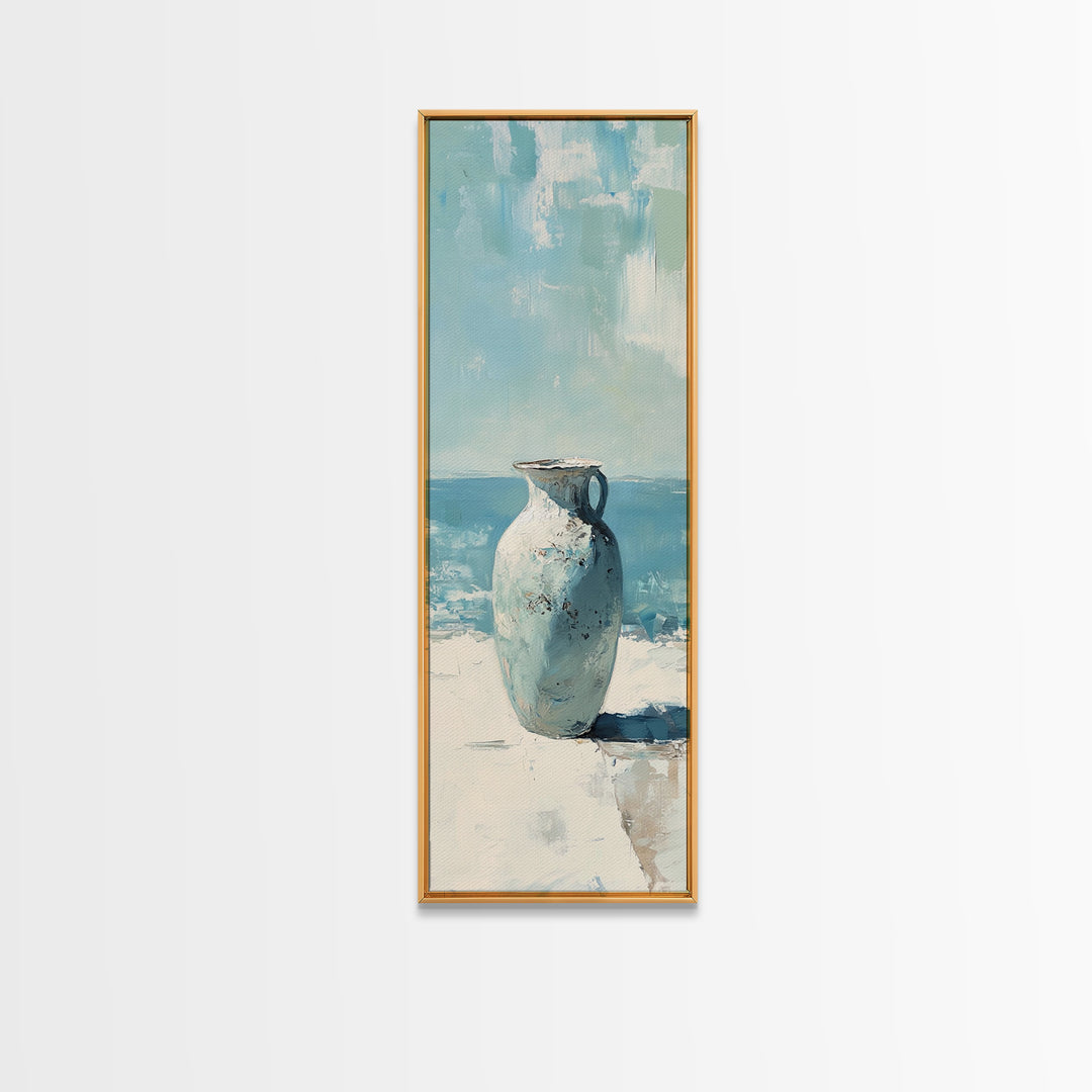 White Ceramic Vase By The Sea Canvas Print, Coastal Wall Art, Minimalist Ocean Decor, Beach House Living Room Art, Neutral Home Decor
