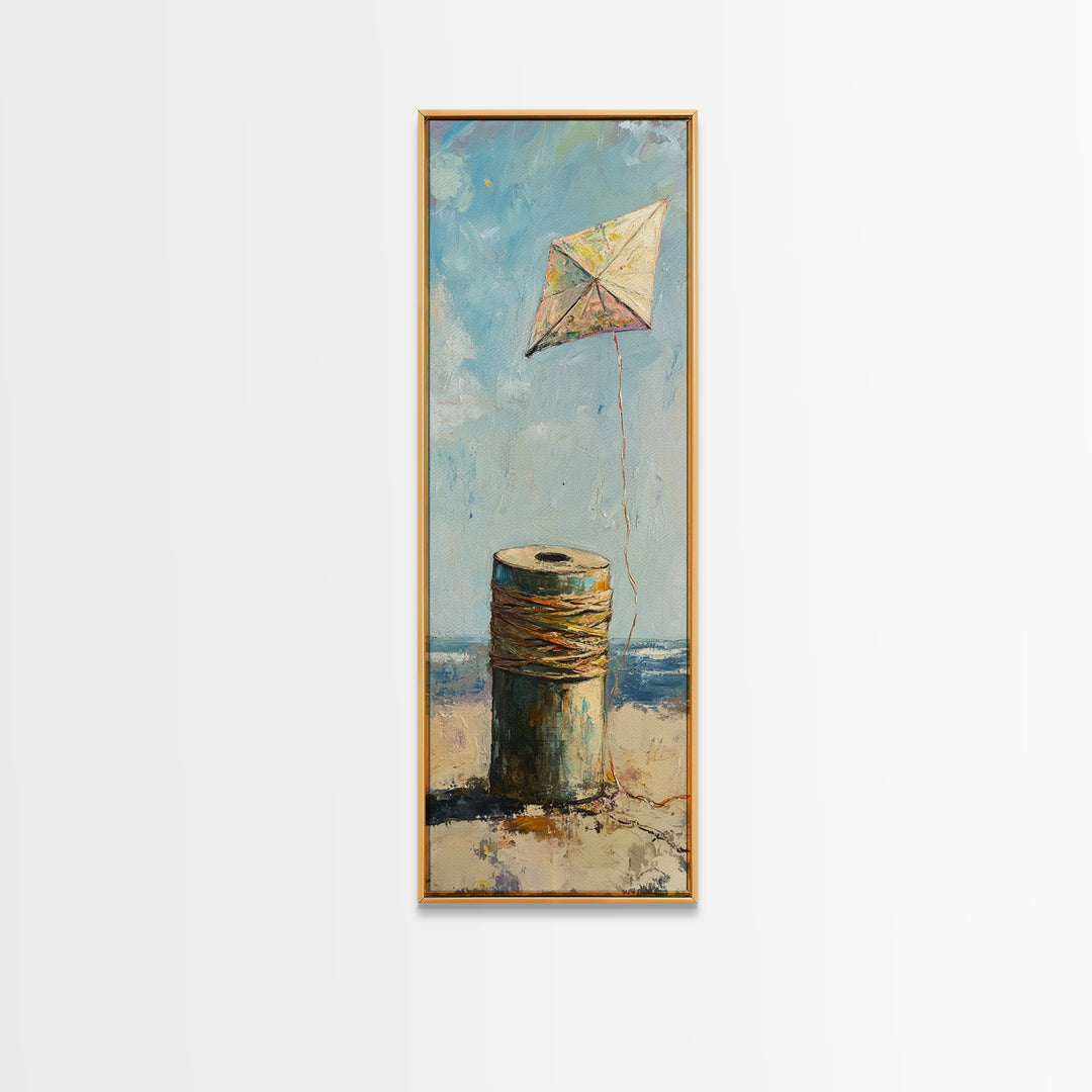 Weathered Spool And Kite Wall Art, Coastal Canvas Print, Beach House Decor, Nautical Wall Decor, Whimsical Ocean Art Print