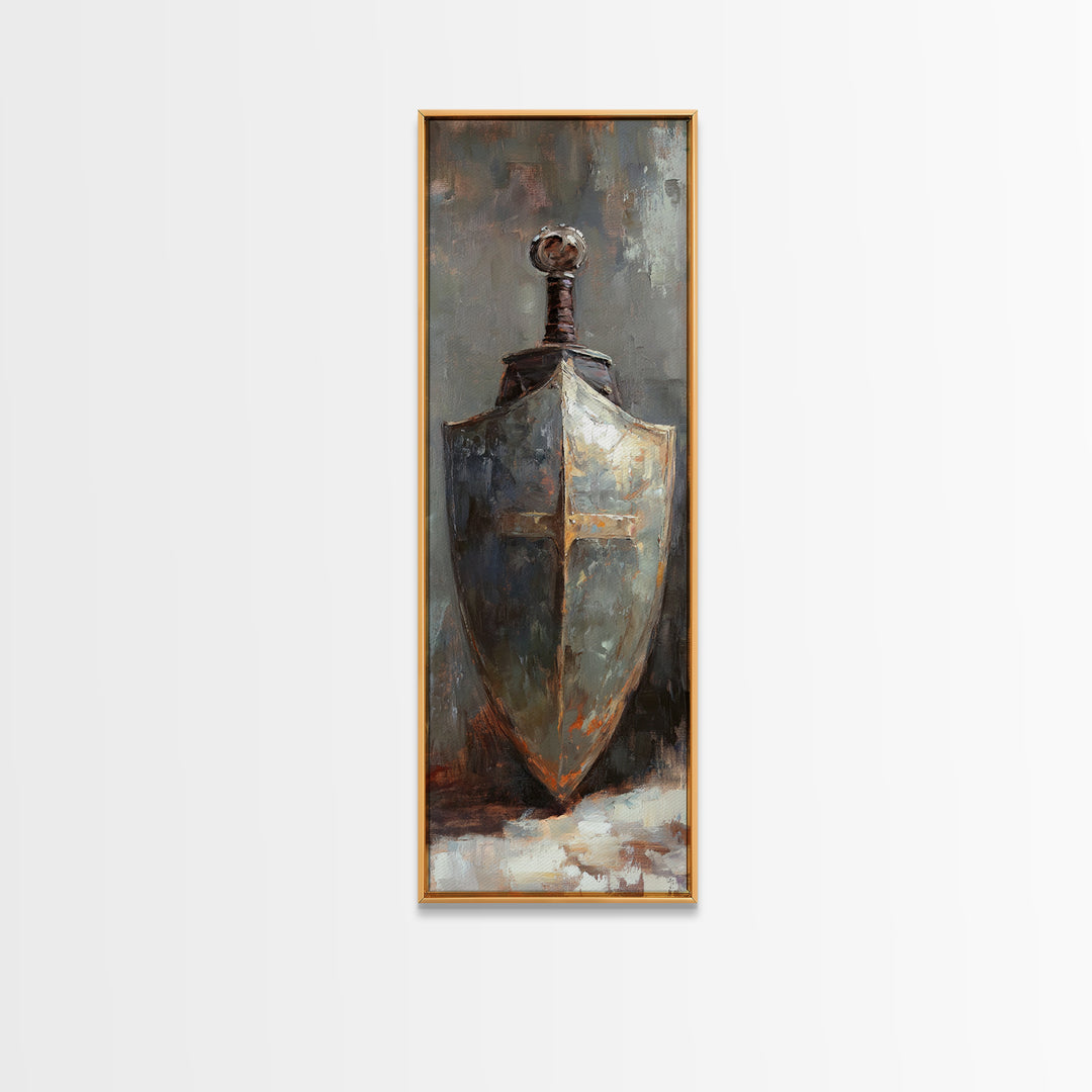 Medieval Shield And Sword Wall Art, Dark Academia Canvas Print, Rustic Gothic Decor, Fantasy Armor Painting, Masculine Office Art