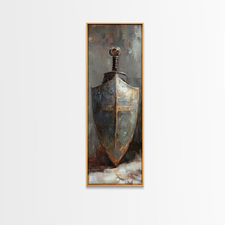 Medieval Shield And Sword Wall Art, Dark Academia Canvas Print, Rustic Gothic Decor, Fantasy Armor Painting, Masculine Office Art