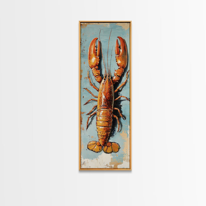 Orange Lobster On Weathered Blue Wall Art, Coastal Kitchen Decor, Nautical Canvas Print, Seafood Wall Decor, Beach House Gift