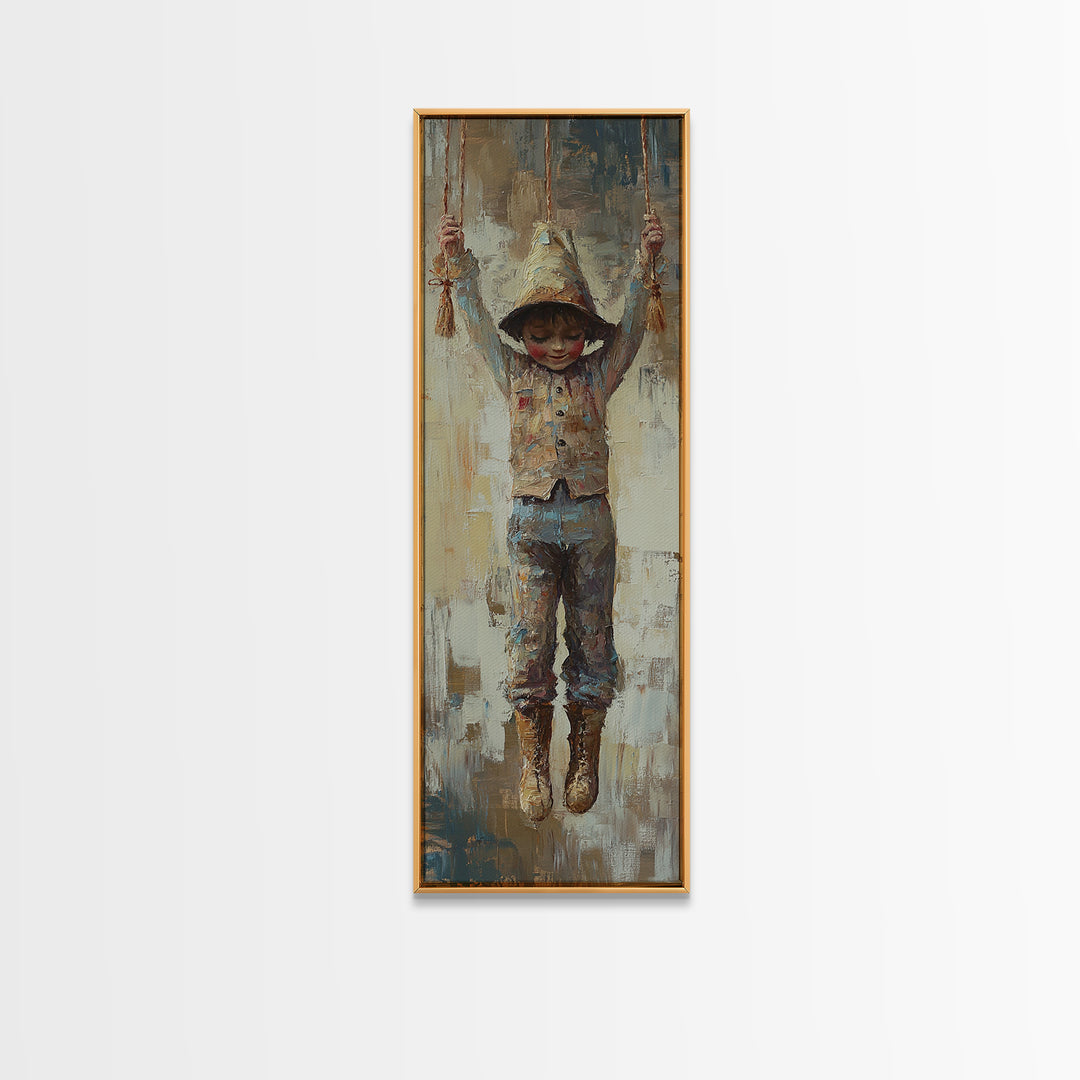 Hooded Child On Swing Wall Art, Whimsical Canvas Print, Nursery Decor, Kids Room Art, Storybook Gift, Playroom Decor For Children