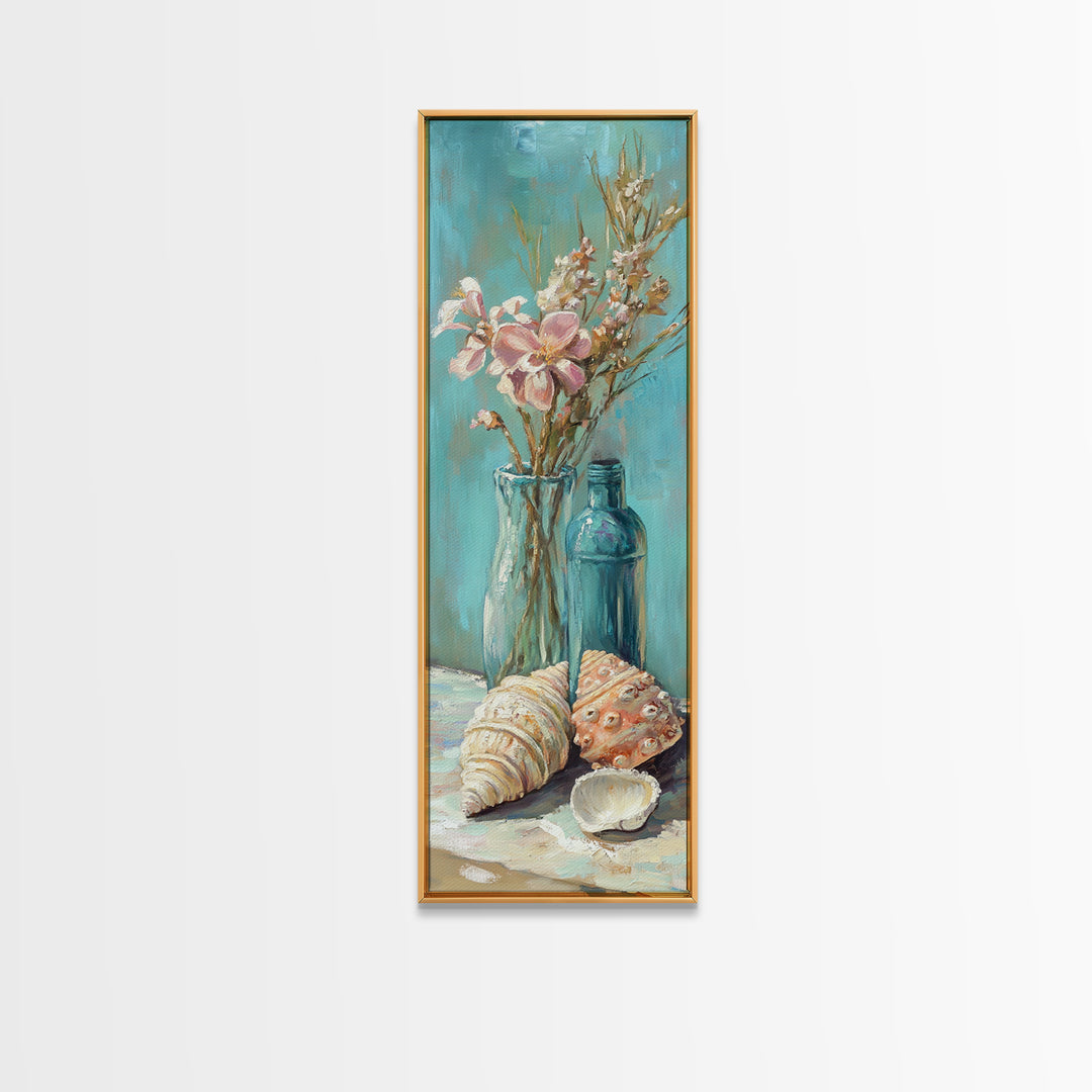 Coastal Seashells And Blue Bottles Wall Art, Beach Canvas Print, Nautical Decor, Ocean Wall Art, Beach House Gift For Her