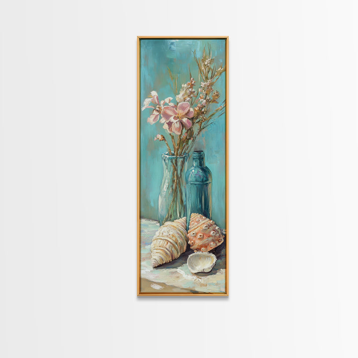 Coastal Seashells And Blue Bottles Wall Art, Beach Canvas Print, Nautical Decor, Ocean Wall Art, Beach House Gift For Her