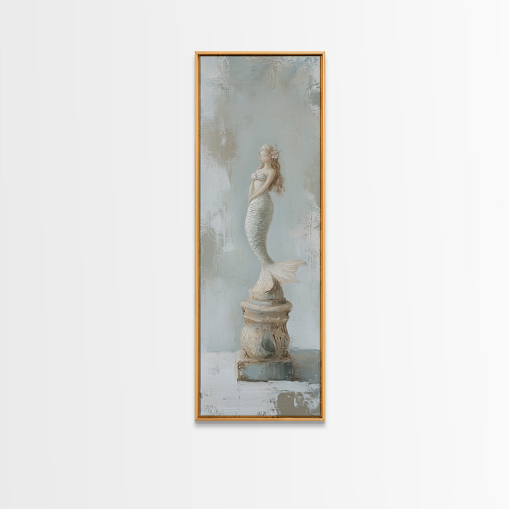 White Mermaid Statue Coastal Wall Art, Nautical Bathroom Canvas Print, Beach House Decor, Feminine Fantasy Gift For Her Home