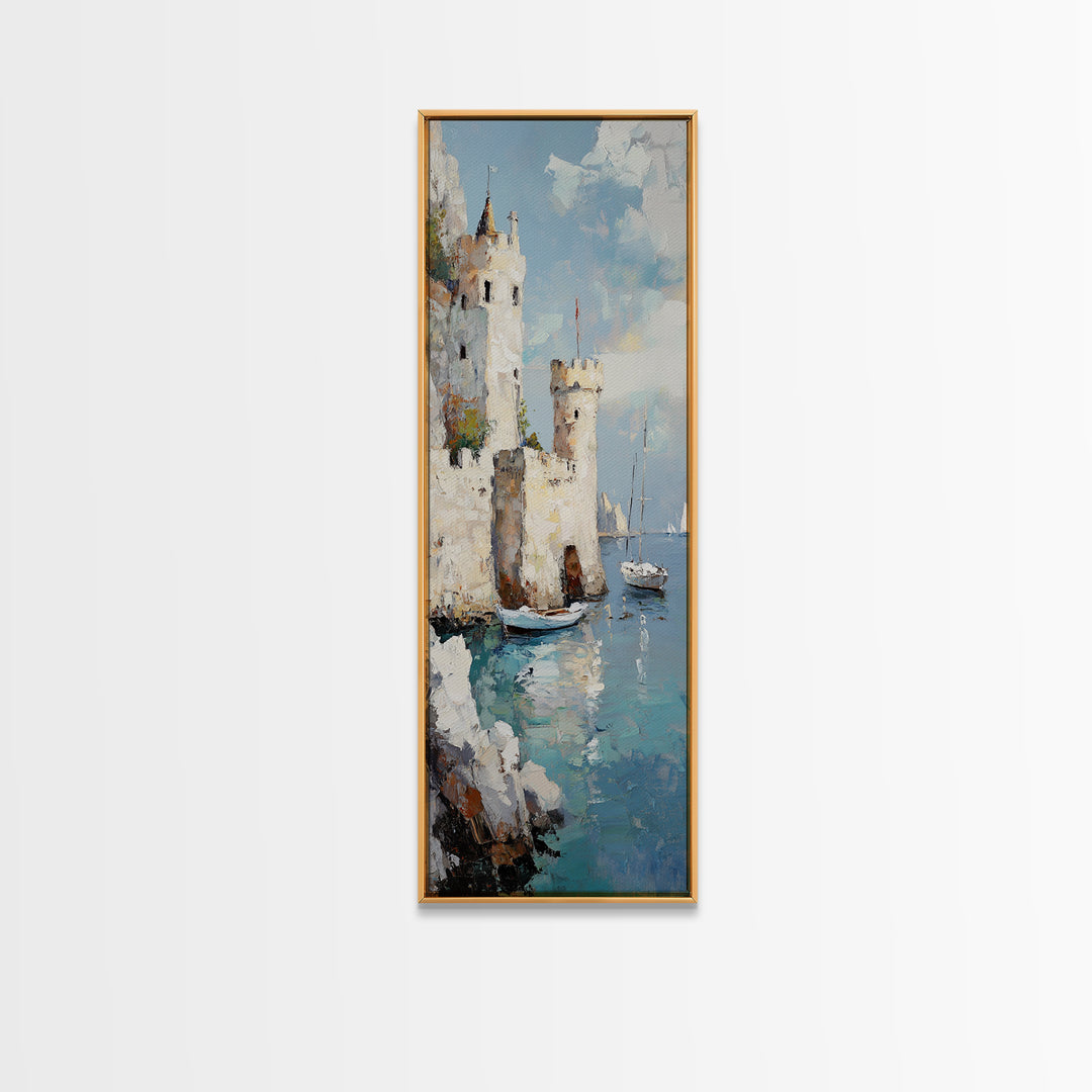 Seaside Castle With Sailboats Canvas Print, Coastal Wall Art, Mediterranean Decor, Lake Como Art, Nautical Living Room Decor