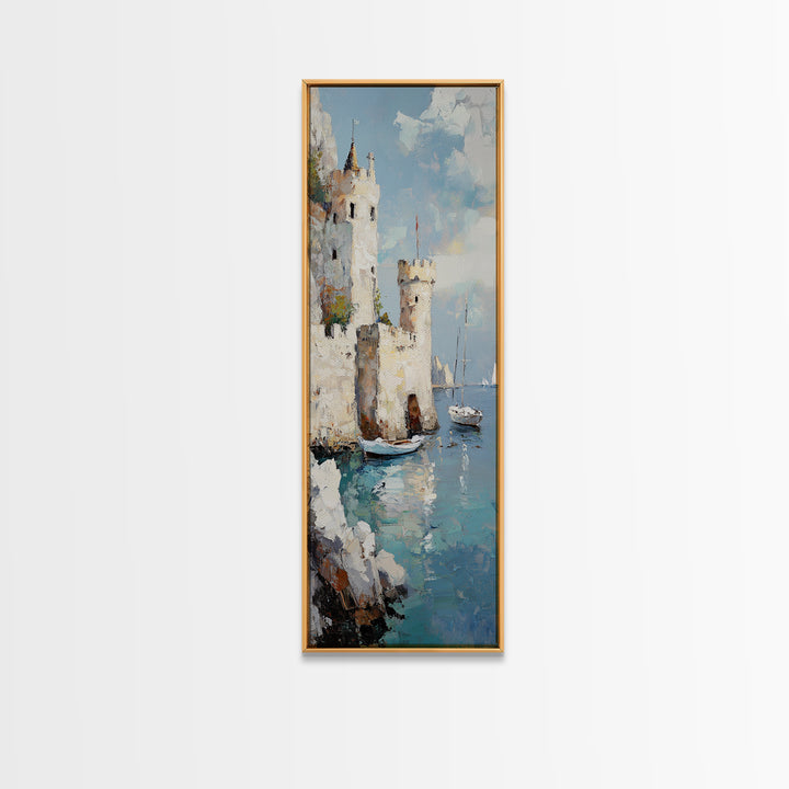 Seaside Castle With Sailboats Canvas Print, Coastal Wall Art, Mediterranean Decor, Lake Como Art, Nautical Living Room Decor