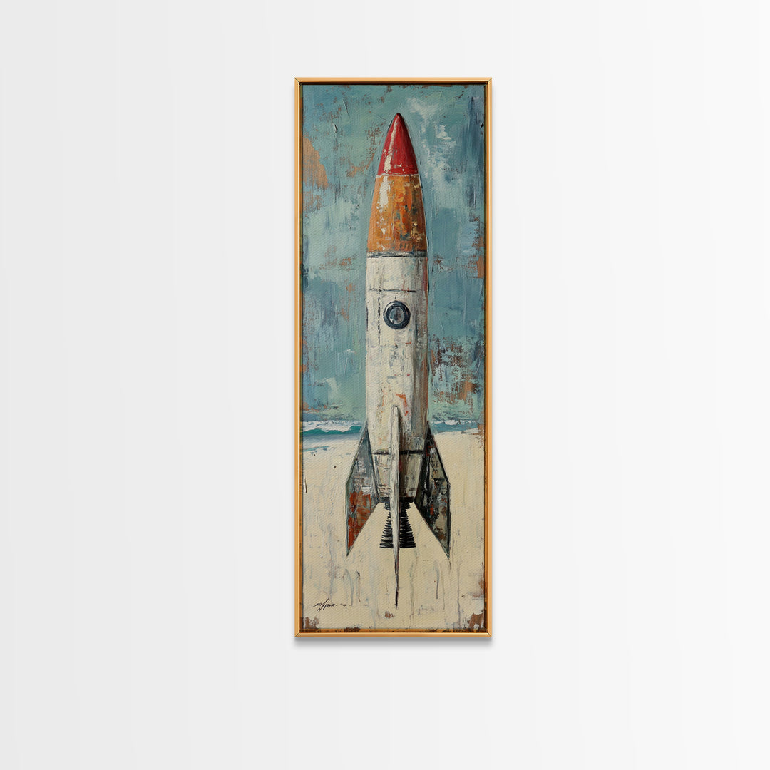 Retro Red Rocket Ship Canvas Print, Space Wall Art, Futuristic Wall Decor, Kids Room Decor, Sci Fi Nursery Art Gift For Boys