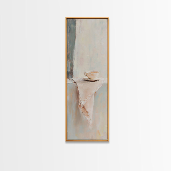 Minimalist Teacup On Linen Shelf Wall Art, Neutral Kitchen Decor, Coffee Bar Art Print, Japandi Canvas Print, Gift For Her