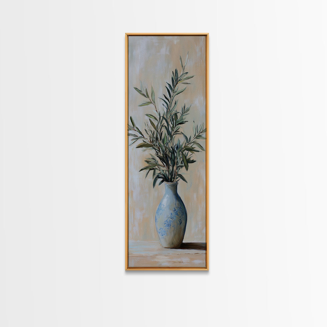 Olive Branches In Blue Vase Framed Canvas Print, Botanical Wall Art, Neutral Wall Decor, Mediterranean Home Decor Gift For Her